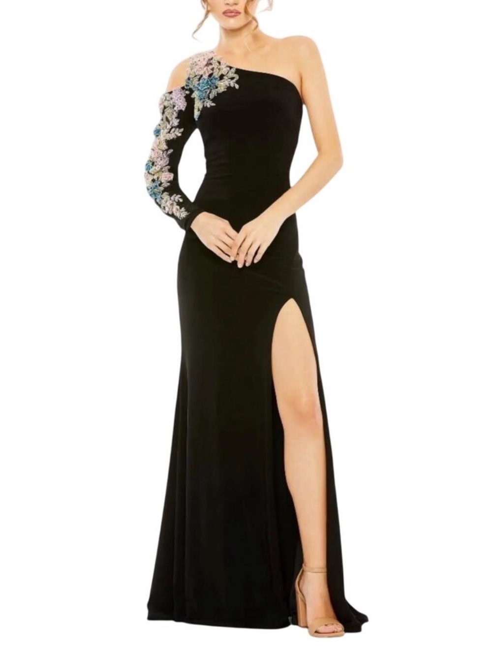 Mac Duggal Black Multi Floral One Shoulder Long Sleeve Maxi Gown - Reemoly